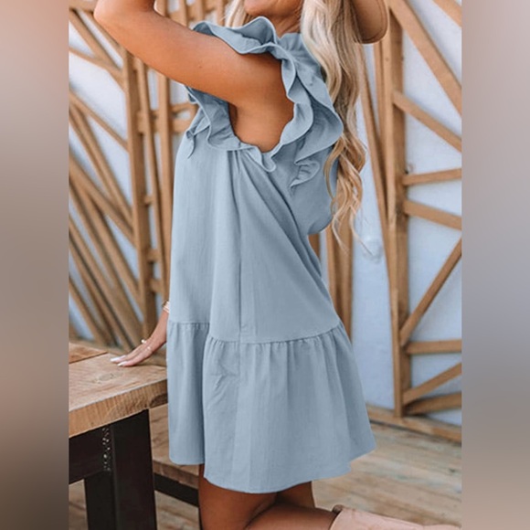 NWT Dokotoo Baby Blue Babydoll Ruffle Sleeve Drawstring V-neck Swing Dress Small - Picture 2 of 13
